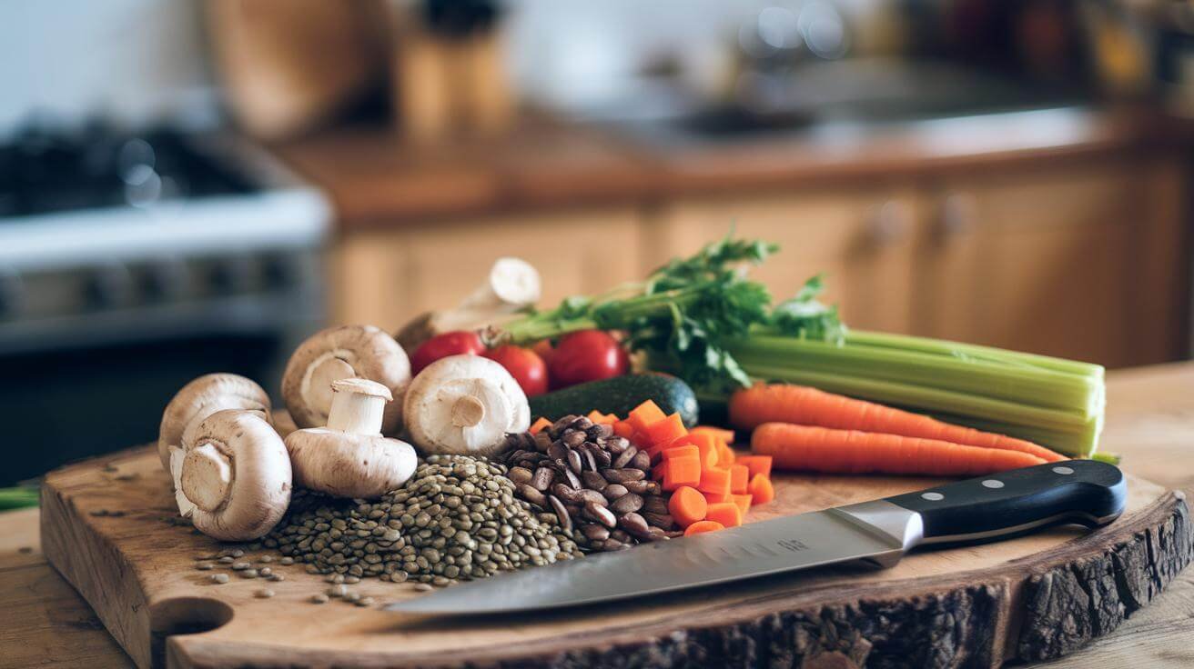 Lentil And Mushroom Loaf: A Hearty Vegan Delight 9 "rustic wooden cutting board with lentils, mushrooms, carrots, celery and chef's knife"