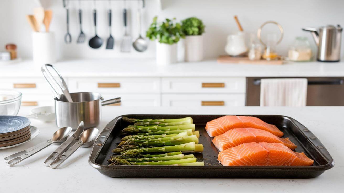 "fresh salmon fillets and green asparagus on a kitchen counter with baking equipment"