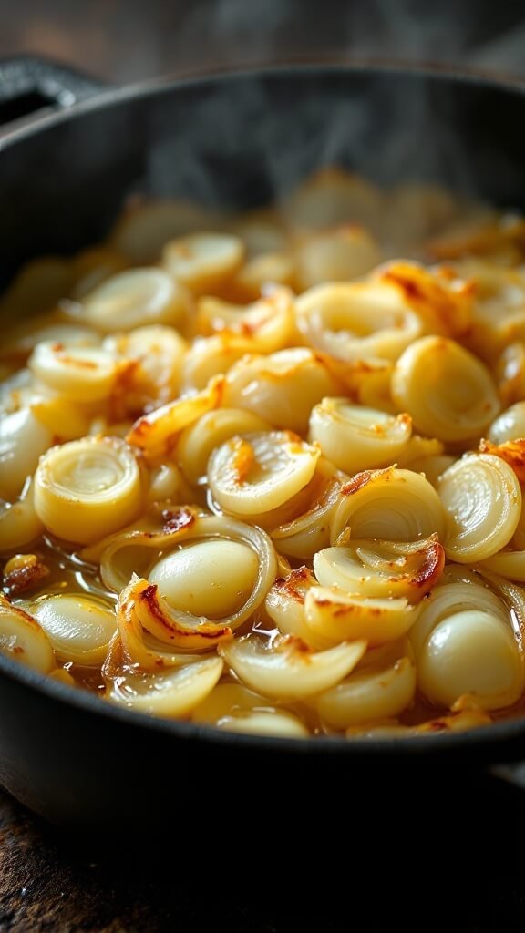 Translucent onions and garlic sautéing in olive oil in a cast iron dutch oven, steam rising and golden edges forming
