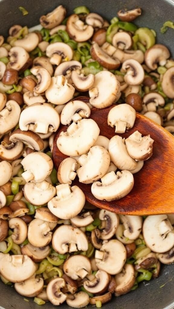 Adding sliced mushrooms to sautéed vegetables in a skillet, transitioning from raw to cooked