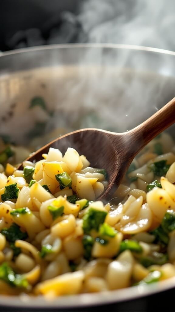 Vegetables sautéing in a stainless steel skillet with steam rising, onions turning golden translucent, oil glistening and wooden spoon mid-stir
