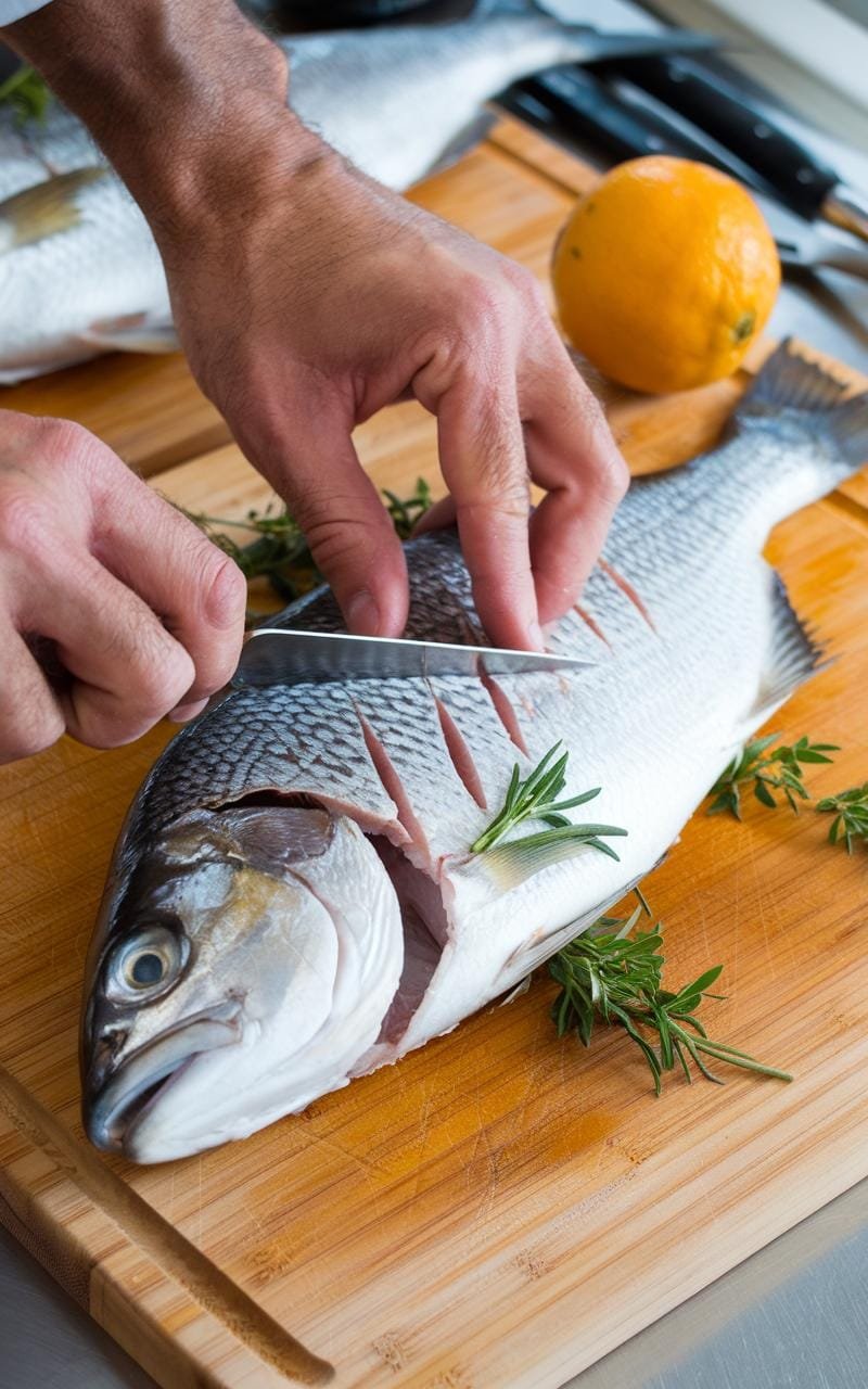Steamed Fish With Ginger: A Delicious Chinese Classic 5 Hands expertly scoring slits into a fresh white fish on a wooden cutting board