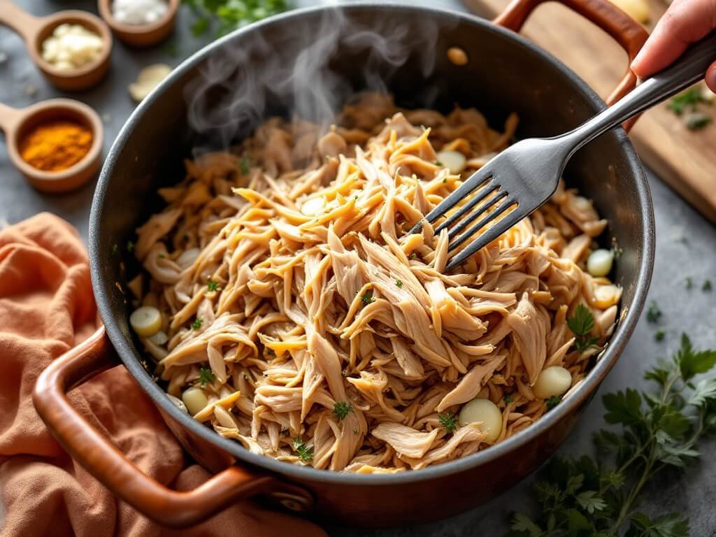 Shredded chicken in a dutch oven with aromatic herbs and spices