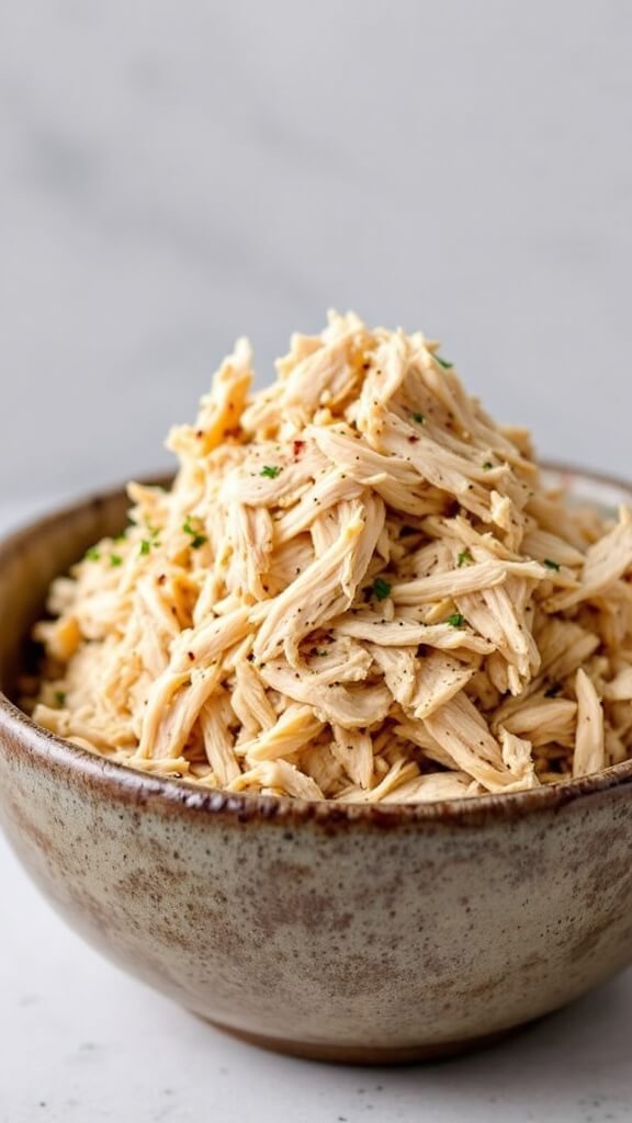 Shredded chicken in a rustic ceramic bowl with herbs and spices visible