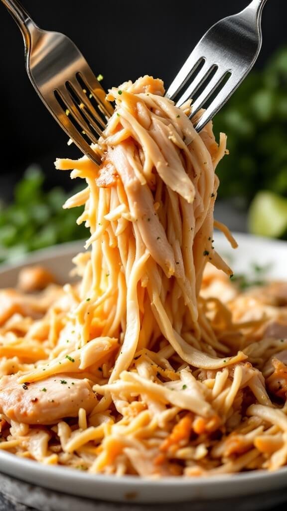 Two forks shredding juicy chicken revealing tender strands of meat in a dynamic action shot.