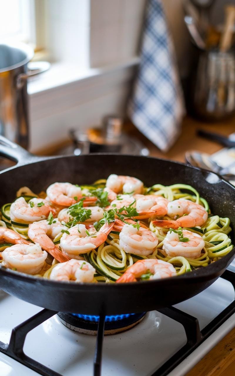Sizzling shrimp and zucchini noodles in garlic butter sauce on a cast iron skillet atop a gas stove