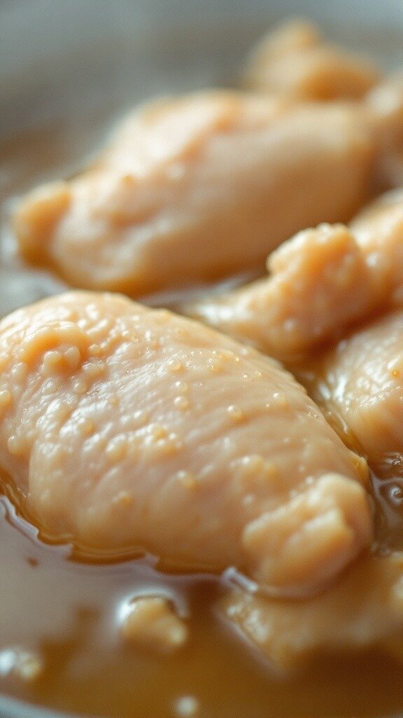 Close-up of nearly cooked chicken simmering in broth with tiny bubbles on the surface