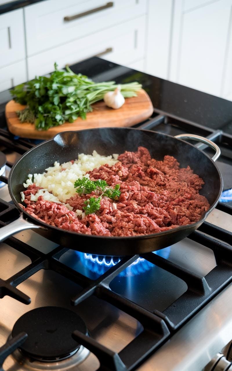 Stuffed Bell Peppers: A Hearty, Customizable Dinner Classic 4 Sizzling ground beef with diced onions and minced garlic in a large skillet on a gas stovetop with visible flames