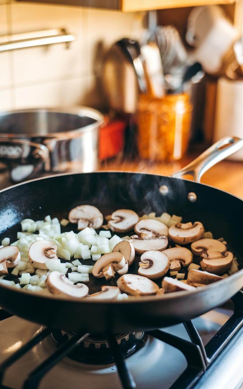 Close-up of sliced mushrooms and chopped onions sizzling in a non-stick skillet on a stovetop