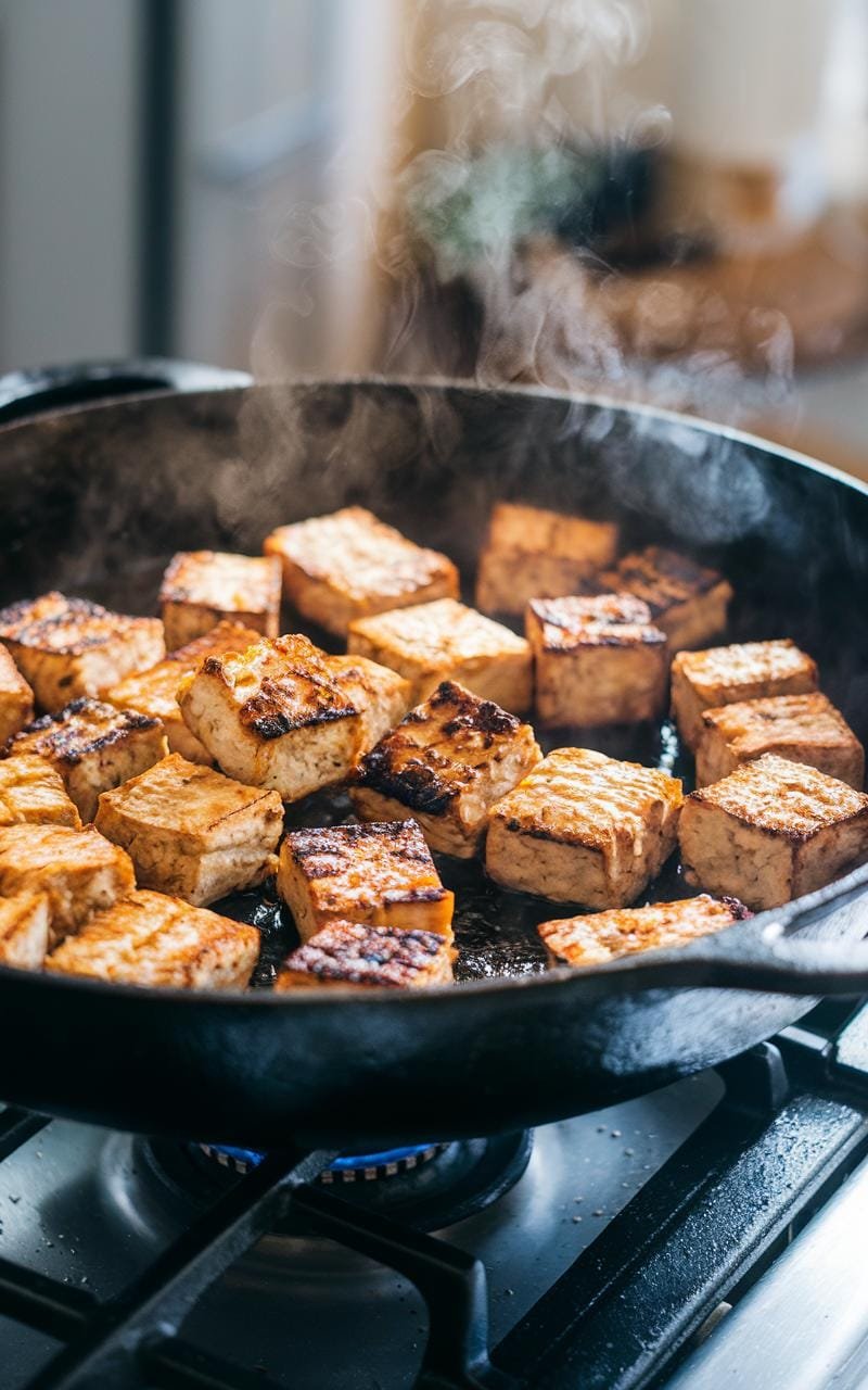 Tempeh And Broccoli Bowl: A Plant-Powered Protein Punch 7 Sizzling tempeh cubes browning in cast-iron skillet with visible char marks and rising steam
