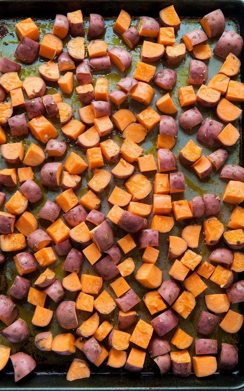 Cubed sweet potatoes tossed in spices and olive oil on a baking sheet