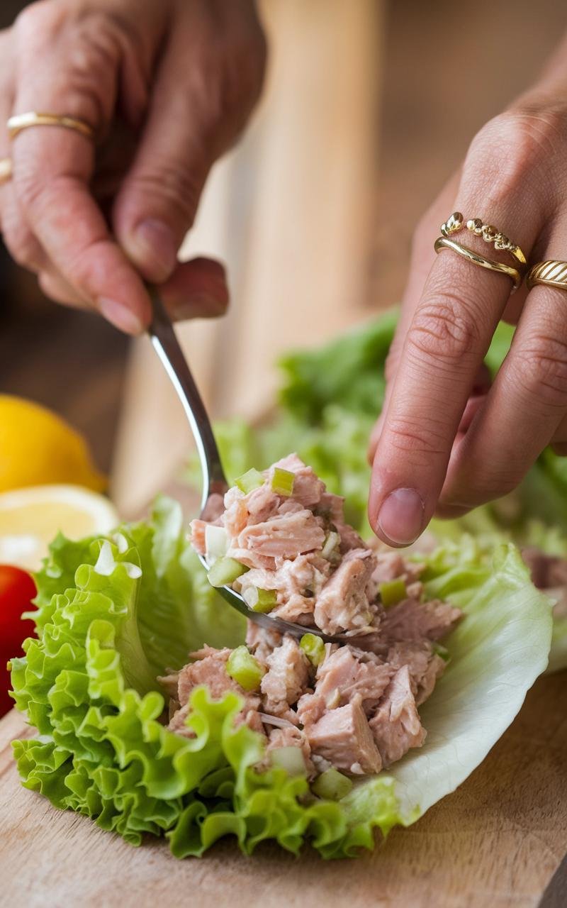 Hands carefully spooning tuna salad into a fresh lettuce leaf