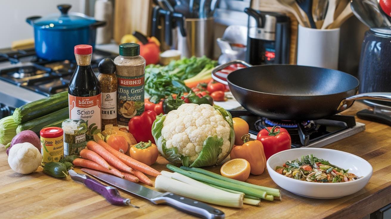 "bustling kitchen countertop filled with fresh stir-fry ingredients like vibrant vegetables, cauliflower, and various asian-inspired sauces and spices"
