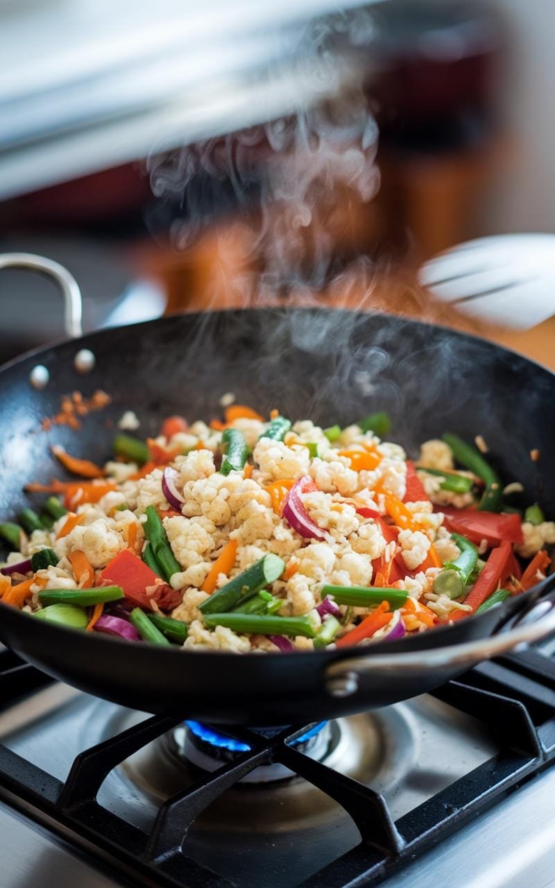 Sizzling wok filled with colorful vegetables and cauliflower rice on a stovetop, spatula in motion and steam rising