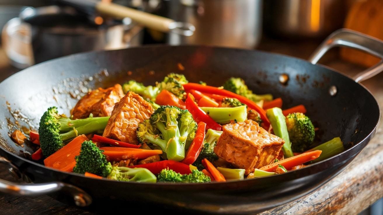 Seitan Stir-Fry: A Protein-Packed Vegan Delight 15 "colorful stir-fry in wok with seitan, broccoli, red bell peppers, and carrots on wooden countertop"