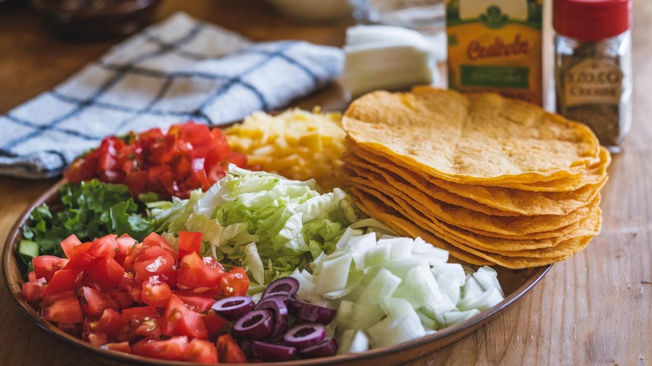 Cheese Shell Tacos: The Ultimate Low-Carb Crunch 29 "colorful taco ingredients on a wooden kitchen counter with a stack of crispy golden cheese taco shells"