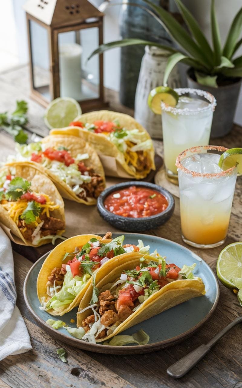 A table set for taco tuesday with various ingredients like tortillas, guacamole, salsa, shredded cheese, lettuce, tomatoes, and sour cream arranged in bowls and plates.