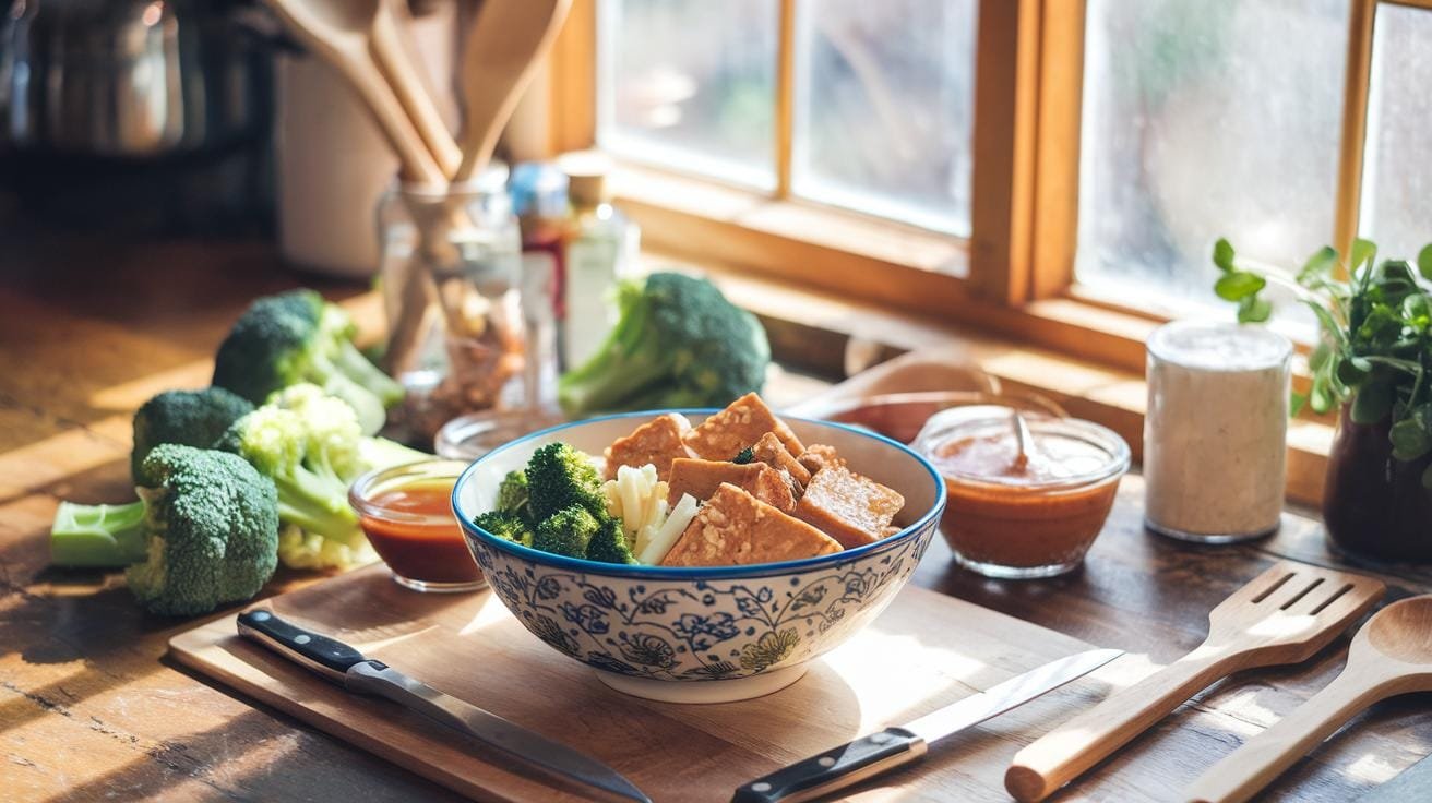 Tempeh And Broccoli Bowl: A Plant-Powered Protein Punch 10 "sunlit kitchen scene featuring a vibrant tempeh and broccoli bowl on a rustic wooden table, surrounded by fresh ingredients and cooking utensils"