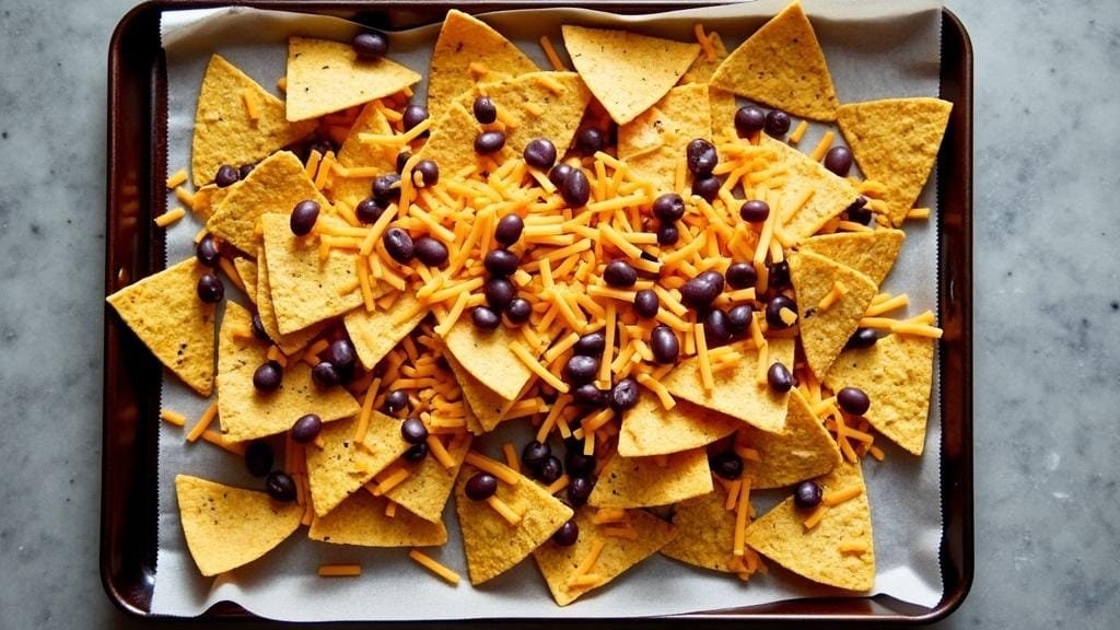 Healthy Nachos: A Guilt-Free Game Day Delight 2 "baking sheet filled with whole grain tortilla chips, black beans, and shredded cheese ready for baking"