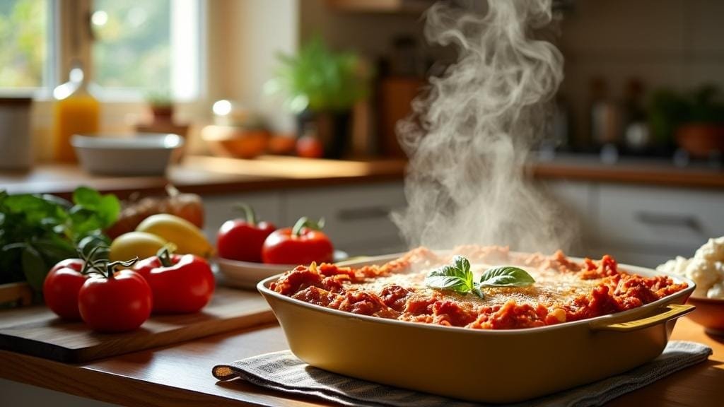 "a warm kitchen setting featuring a hot lasagna dish on the counter, surrounded by various gluten-free and dairy-free ingredients"