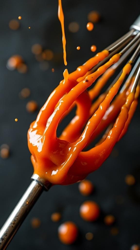 Healthy Yum Yum Sauce: A Guilt-Free Twist On A Classic 7 Close-up of a whisk covered in bright orange yum yum sauce against a dark background