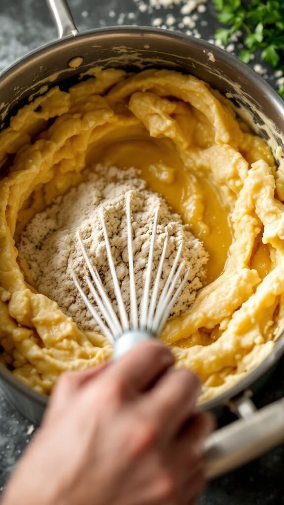 Hands whisking golden roux in a pot, merging flour, butter and vegetables