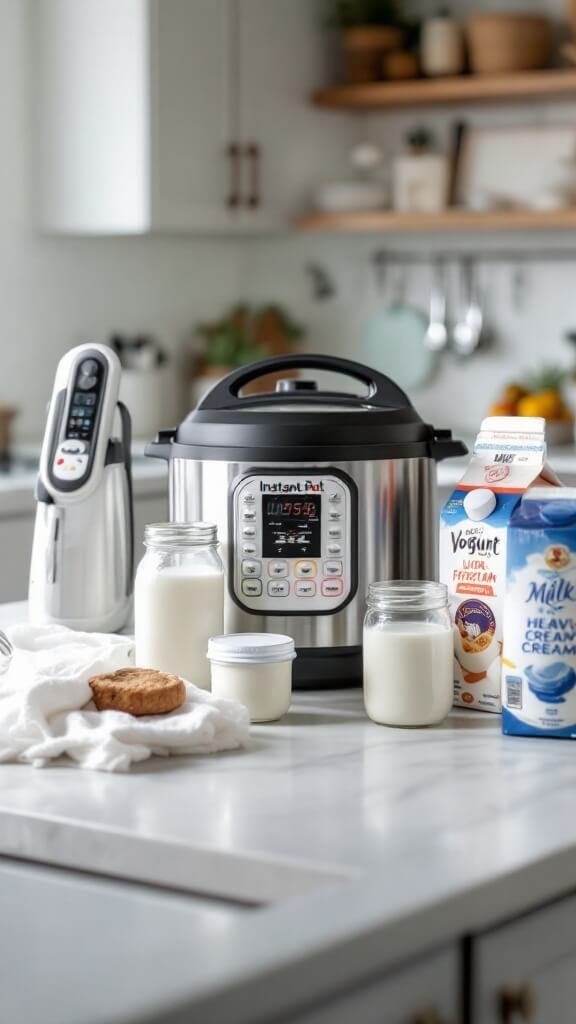 Kitchen countertop prepared for homemade yogurt making featuring an instant pot, digital thermometer, mason jars, cheesecloth, a whisk, and room temperature dairy ingredients.