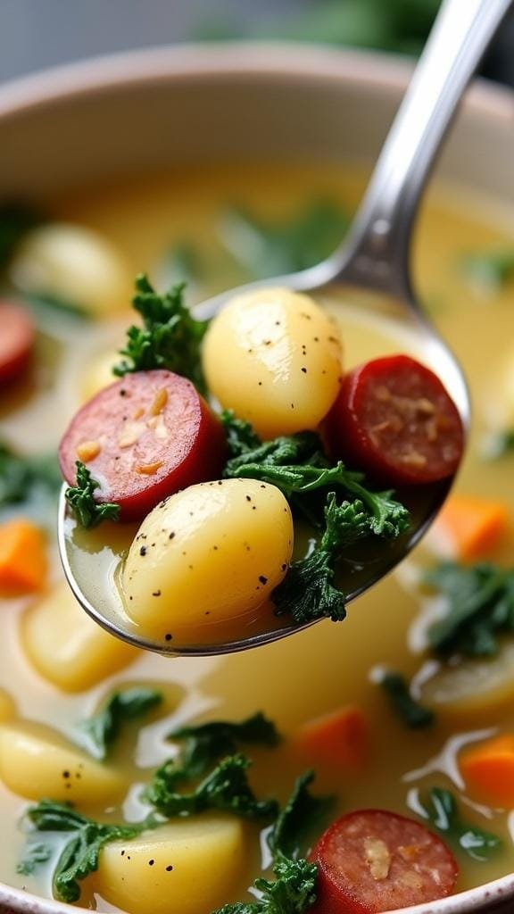 Healthy Zuppa Toscana: A Creamy, Comforting Italian Soup (Paleo &Amp; Whole30 Friendly) 3 Close-up of a spoonful of zuppa toscana soup with sausage, potatoes, and kale.