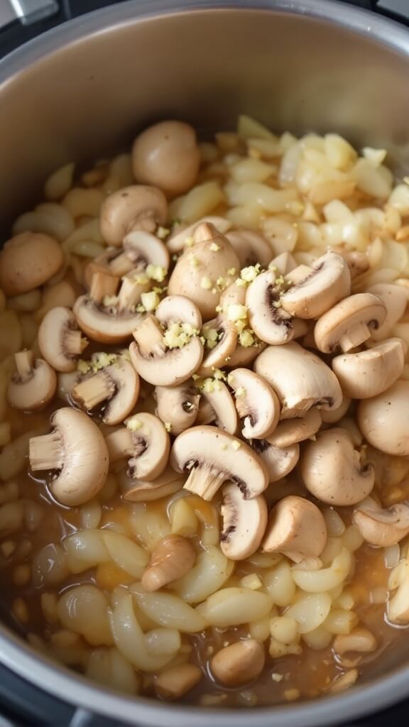 Minced garlic and sliced shiitake mushrooms being added to sautéed onions in a pot, creating a rich brown fond