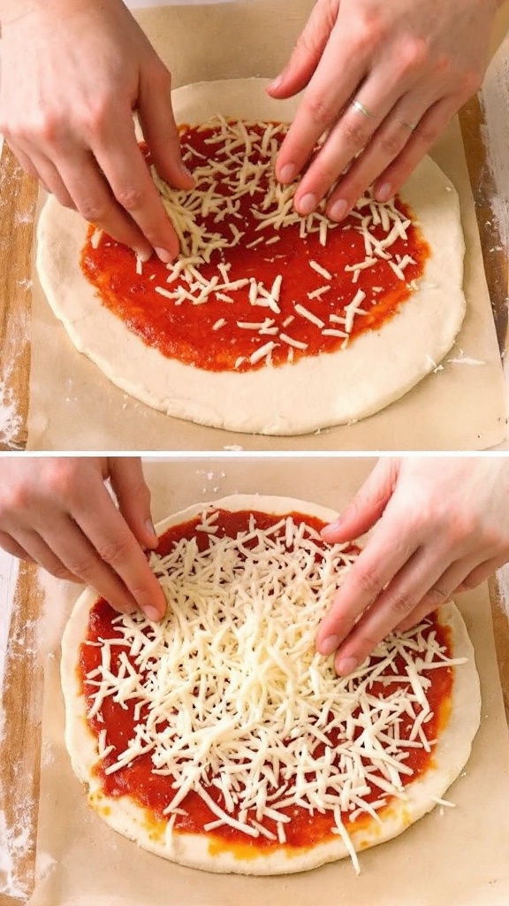 Fathead Pizza: The Ultimate Keto-Friendly Pizza Recipe 7 Hands spreading sugar-free pizza sauce and shredded mozzarella on a pre-baked crust