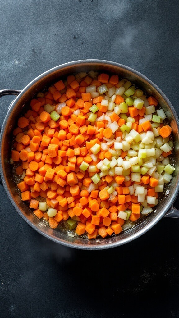 Classic Rabbit Stew (Hasenpfeffer) 6 Aerial view of diced carrots, celery, and onions sautéing in a dutch oven with slight steam rising