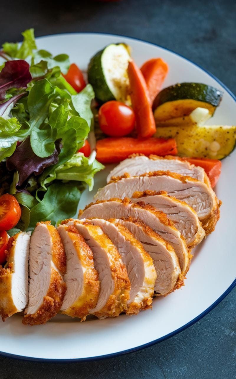 Air-fried chicken on a bed of fresh salad with roasted vegetables.