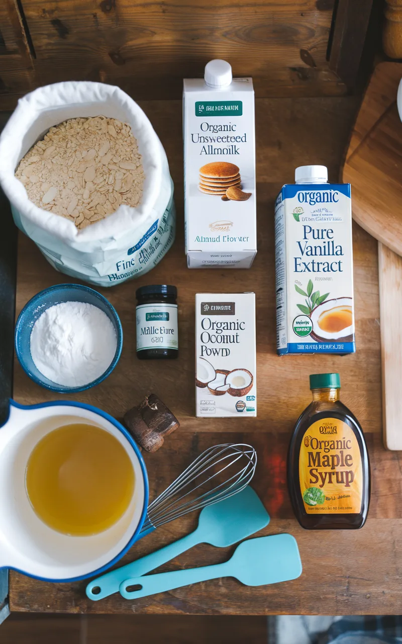 Almond Flour Pancakes: The Ultimate Gluten-Free Breakfast Treat 6 Overhead view of a farmhouse kitchen counter with neatly arranged almond flour pancake ingredients, including a bag of fine blanched almond flour.