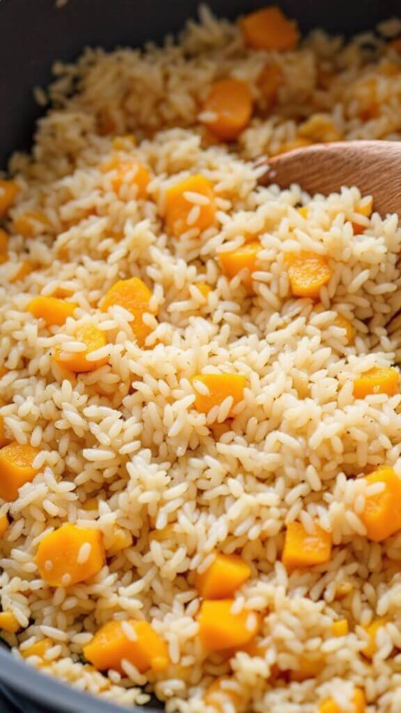 Toasting arborio rice with softened squash and onions in a pan, viewed from a 45-degree angle