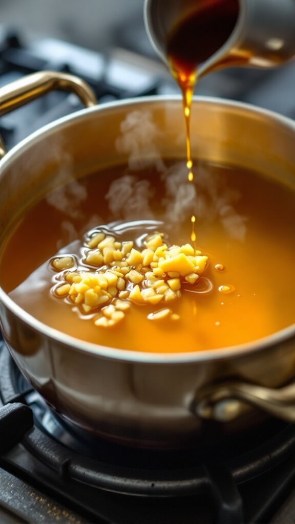 Chinese Egg Drop Soup (蛋花汤) 3 Golden-amber chicken stock simmering on a stovetop with ginger and soy sauce being added, causing steam to rise