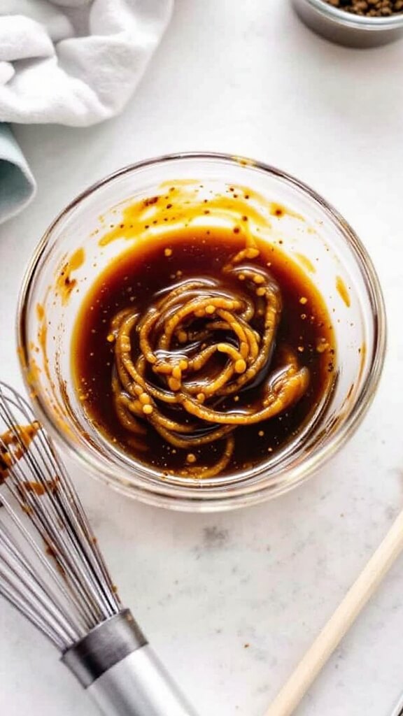 Clear glass bowl filled with freshly whisked brown oyster and soy sauce mix, with a whisk lying next to it