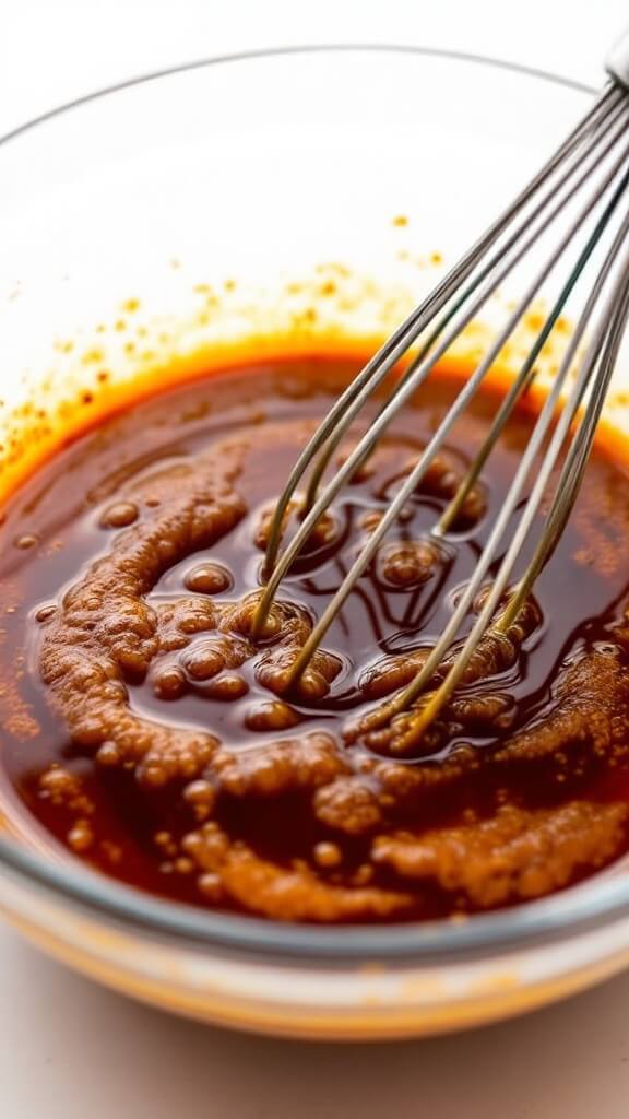 Asian Turkey Lettuce Wraps 6 Mixing asian sauce ingredients including hoisin, soy sauce, rice vinegar, and sesame oil in a clear glass bowl