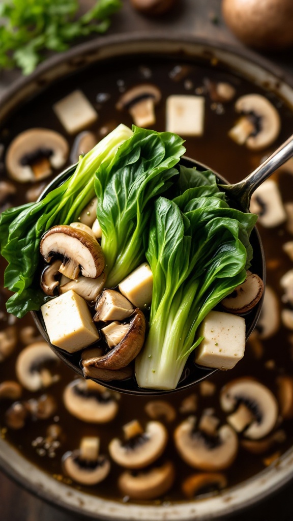 Overhead view of tofu cubes and baby bok choy being added into a simmering mushroom broth with floating mushroom slices
