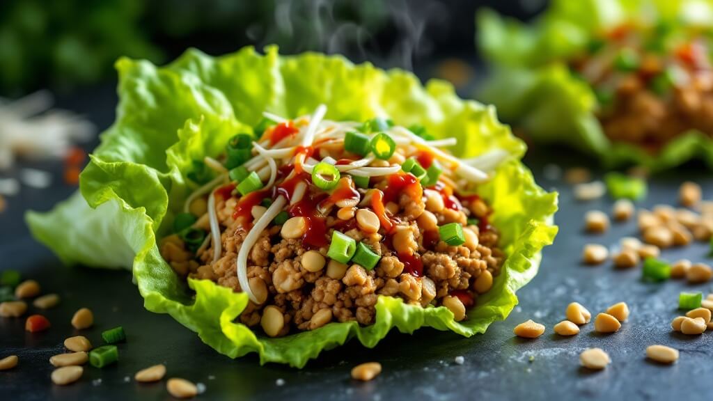 Asian Turkey Lettuce Wraps 2 "close-up of a freshly made asian turkey lettuce wrap with ground turkey, diced water chestnuts, garlic, green onions, bean sprouts, chopped peanuts, hoisin-soy sauce and a drizzle of sriracha on a dark slate surface. "