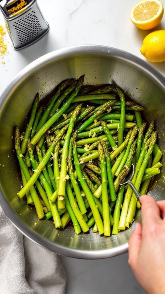 Perfect Grilled Asparagus: A Simple 10-Minute Side Dish 5 Tossing fresh asparagus in a stainless steel bowl with olive oil, minced garlic, and lemon zest, grater and half-zested lemon on the side