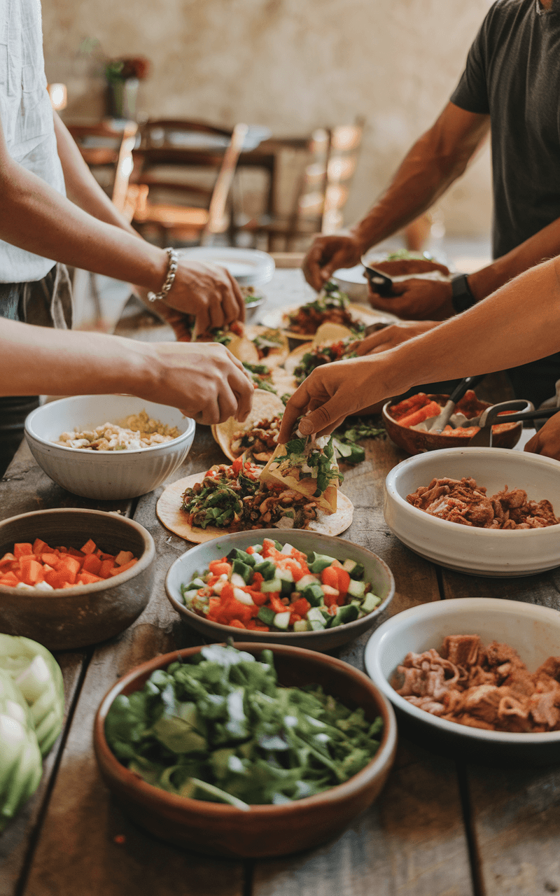 Black Bean And Sweet Potato Tacos: A Fiesta In Your Mouth! 6 Hands assembling tacos on a wooden table with various bowls of fillings and toppings scattered around