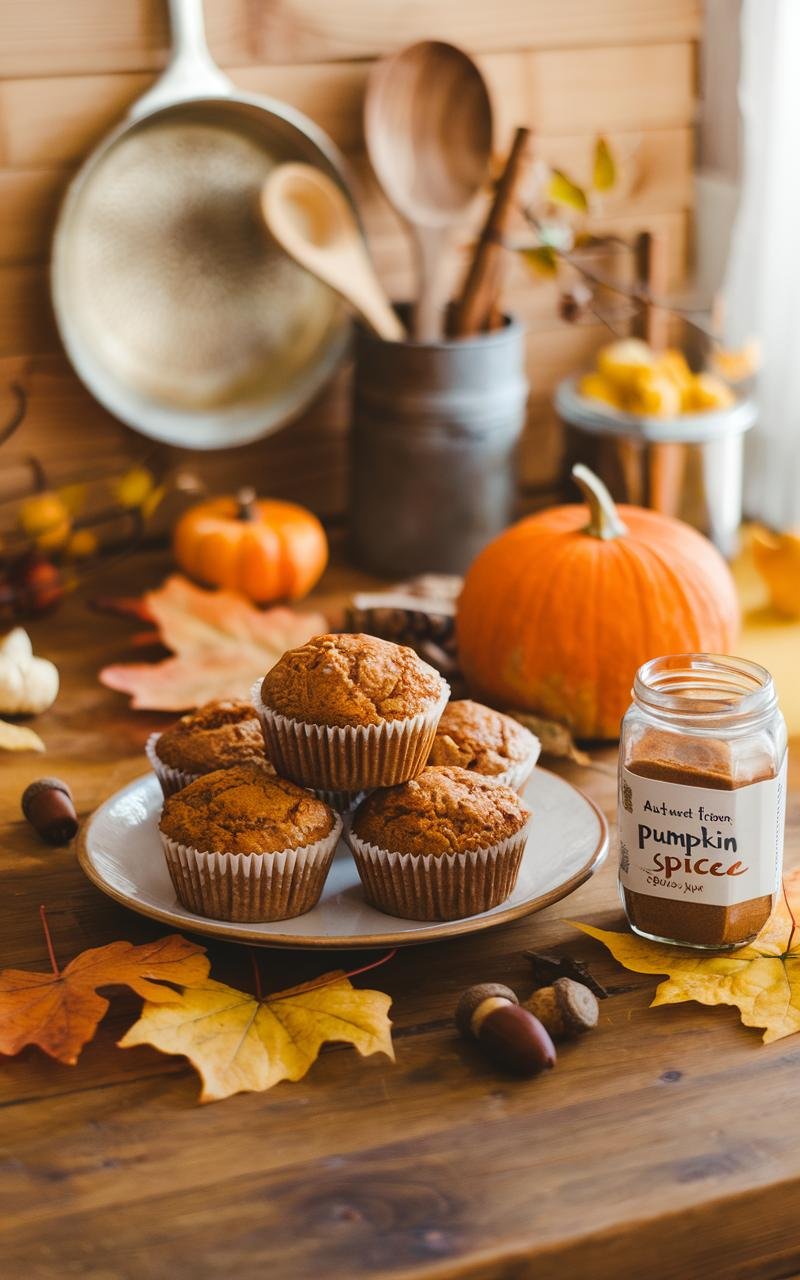 Almond Flour Muffins: The Ultimate Gluten-Free Treat 5 A kitchen counter with freshly baked pumpkin spice muffins, surrounded by autumn-themed decor.