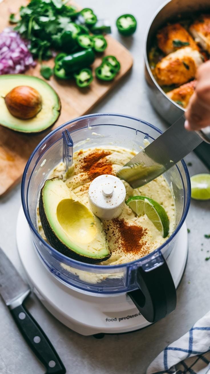 A food processor with halved avocado, lime juice, and spices being blended into a creamy sauce, with extra ingredients on the counter for upcoming steps.