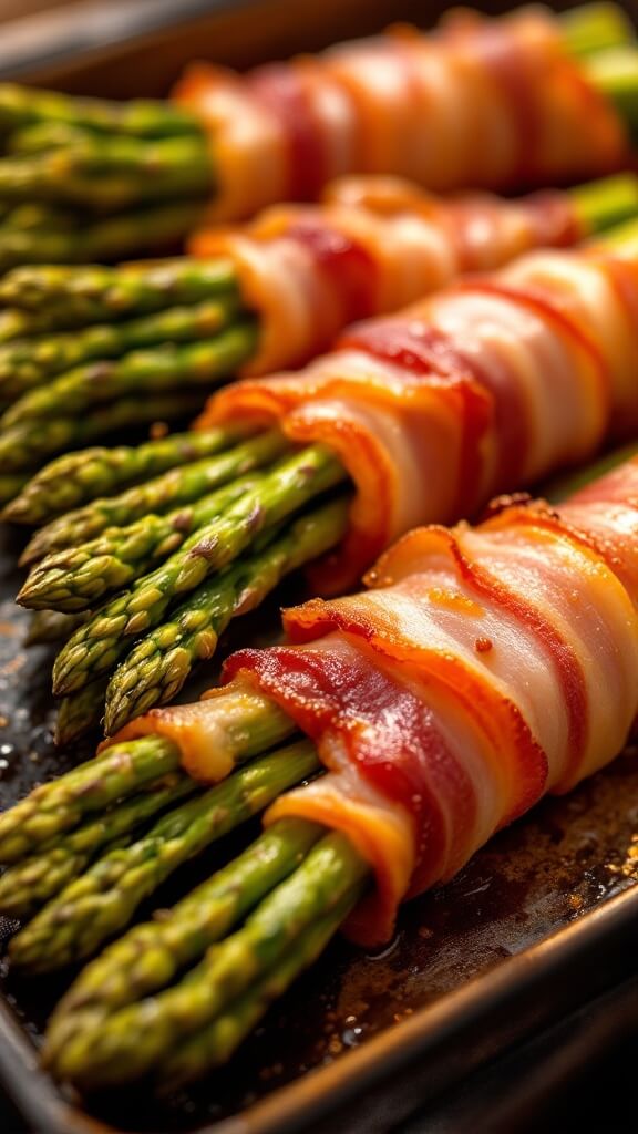 Bacon Wrapped Asparagus 8 Crispy bacon-wrapped asparagus bundles just out of the oven