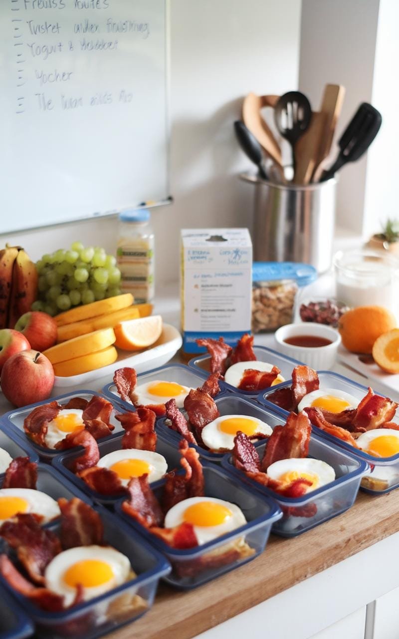Bacon egg cups arranged on a wooden cutting board with fresh herbs and ingredients in the background, ready for meal prep breakfast.