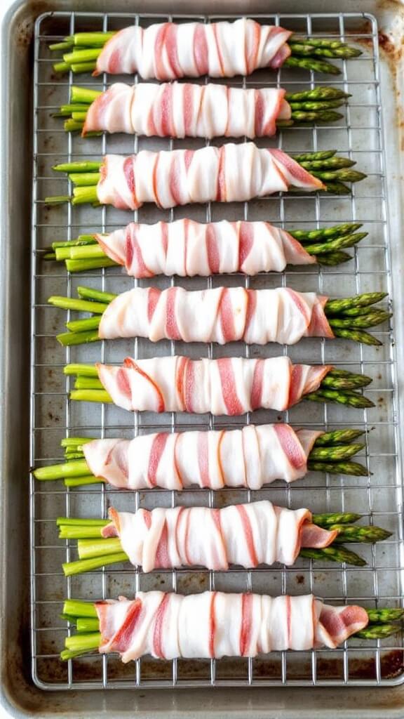 Bacon Wrapped Asparagus 7 Bacon-wrapped asparagus bundles on a baking sheet, ready for the oven