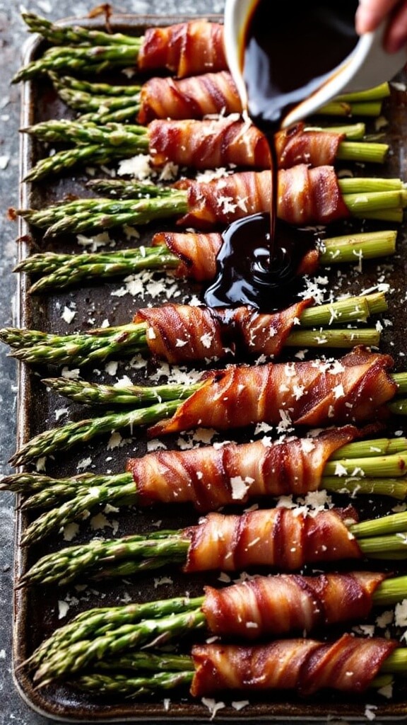 Bacon Wrapped Asparagus 3 Raw asparagus spears being snapped at natural breaking points on white marble countertop, lit by natural side lighting