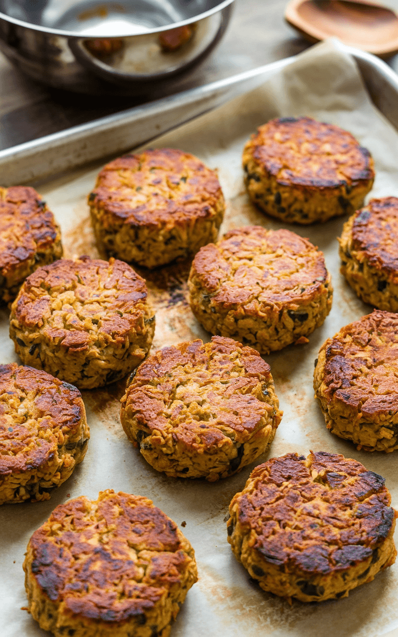 Baked Falafel: Crispy, Healthy Middle Eastern Delight 6 Golden-brown baked falafel patties on a parchment-lined baking sheet with a crispy exterior.
