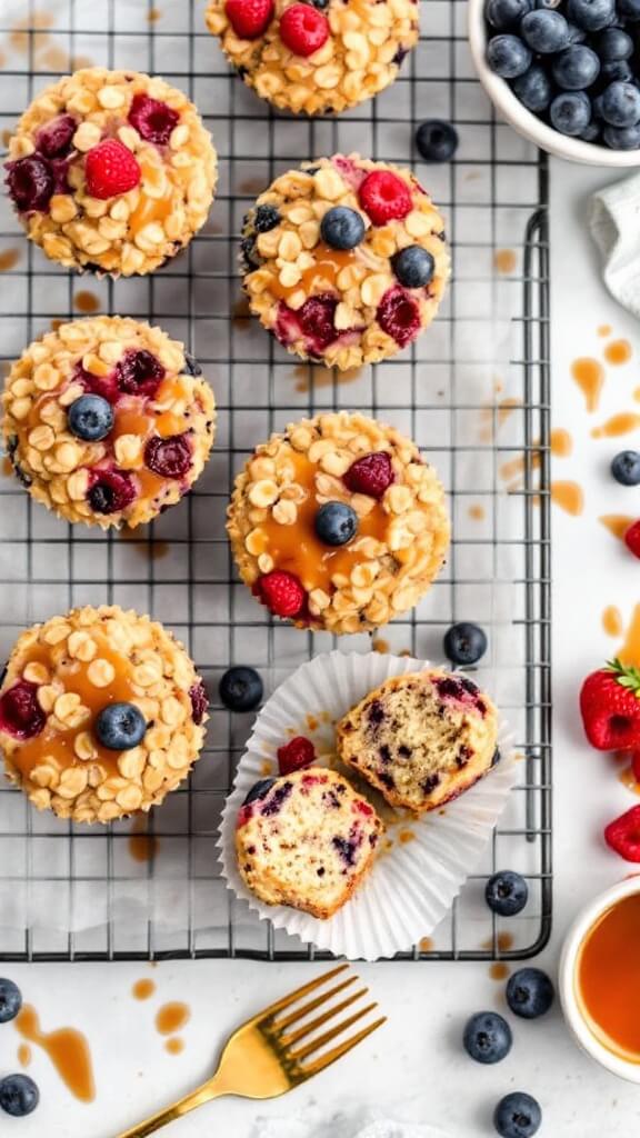 Oatmeal cups cooling on a rack, one cut open revealing moist inside, surrounded by scattered berries and maple syrup.
