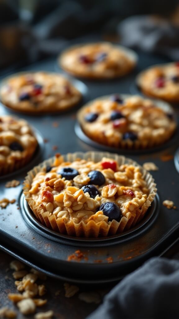 Freshly baked golden brown oatmeal cups with berries and nuts in a muffin tin, steam rising slightly
